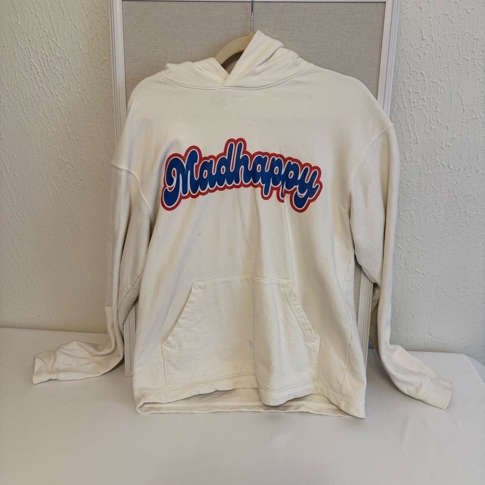 Madhappy Cream Hoodie with Blue and Red Logo and stitching - Picture 3 of 13